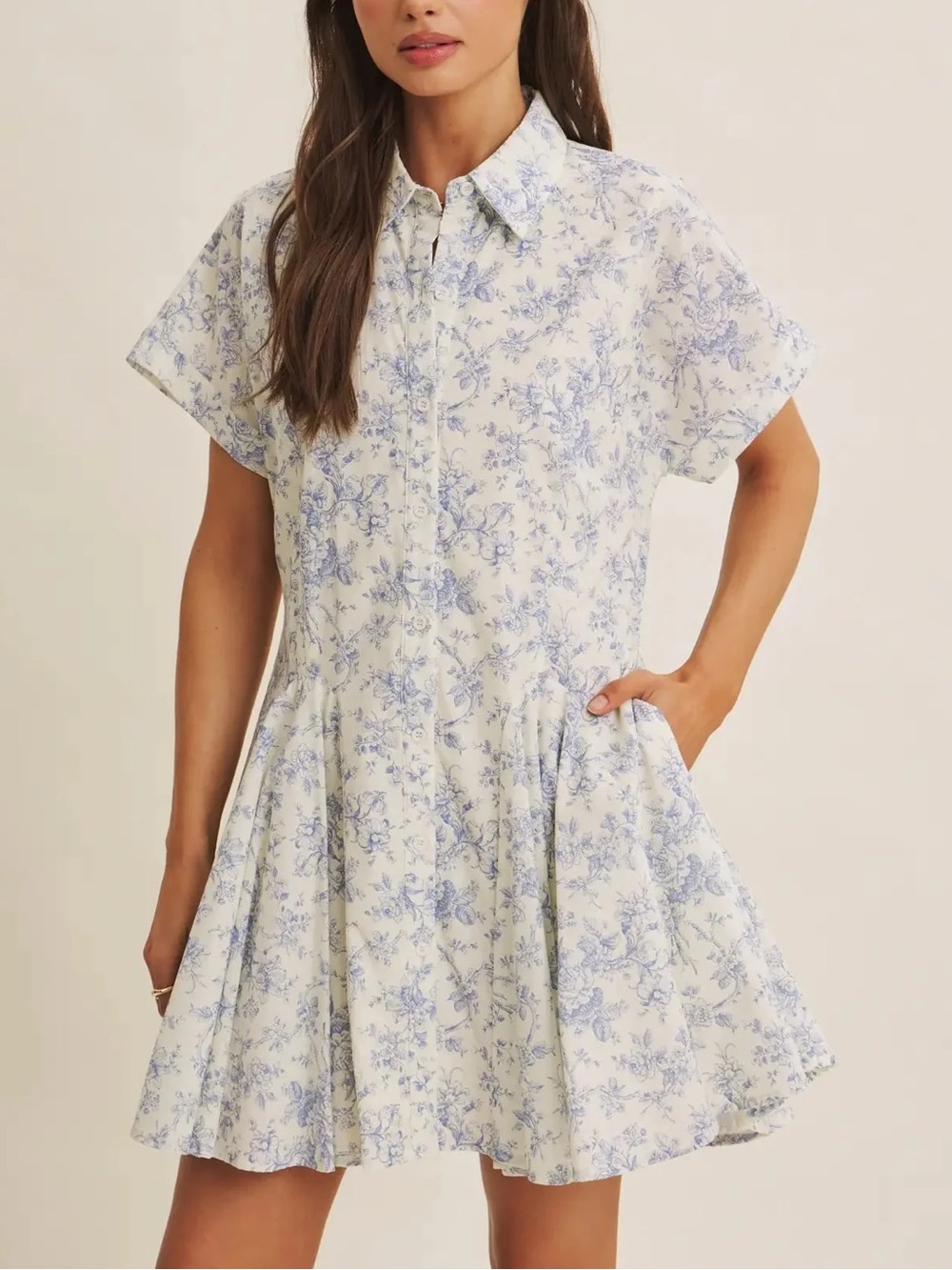 In February Floral Shirt-Collar Mini Dress in Light Blue